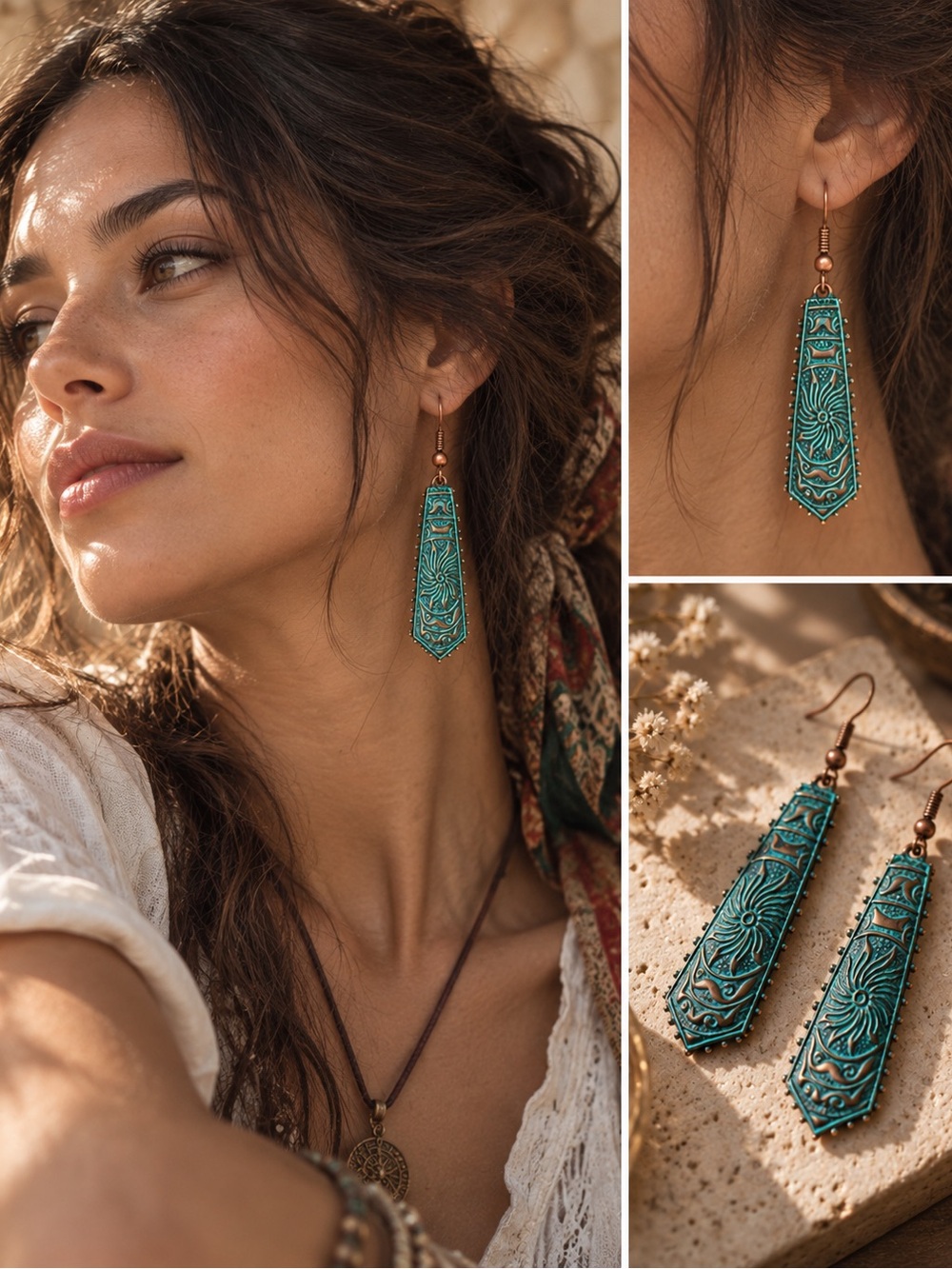 Turquoise Floral Engraved Drop Earrings - Women Jewelry